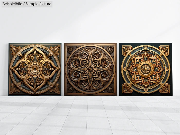 Three ornate, circular gold and bronze wall panels with intricate floral and geometric designs on display.