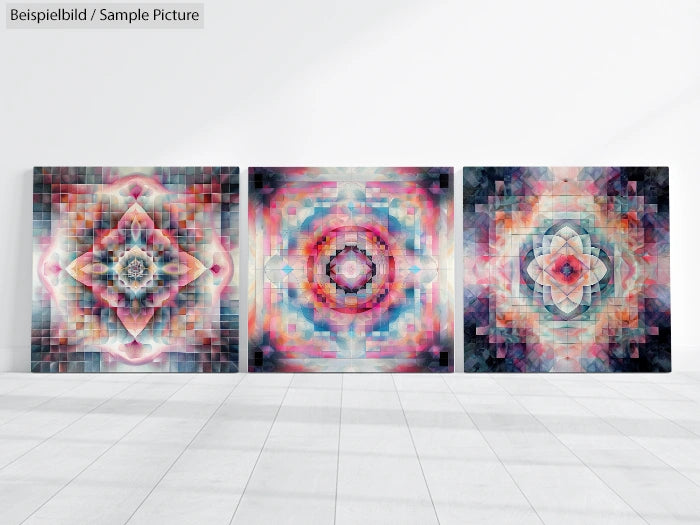 Three geometric abstract paintings with colorful mandala patterns on a white gallery wall.