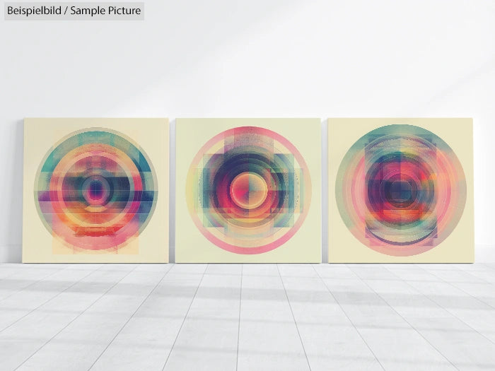 Three abstract paintings with multicolored concentric circles displayed on a floor against a white wall.