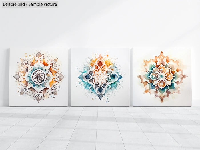 Three abstract mandala paintings with intricate patterns in orange, teal, and white on a wall in a minimalistic room.