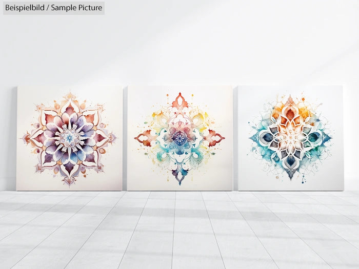 Set of three abstract mandala paintings with colorful floral patterns on canvas, displayed in a minimalist room.