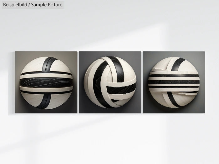 Three spherical ceramic artworks with black and white geometric patterns, displayed on a light background.