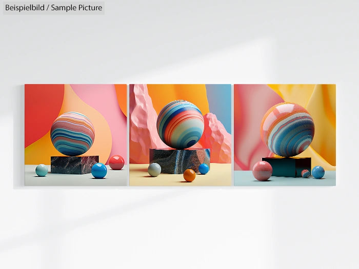 Three abstract artworks featuring colorful, striped spheres on geometric platforms against vibrant backgrounds.