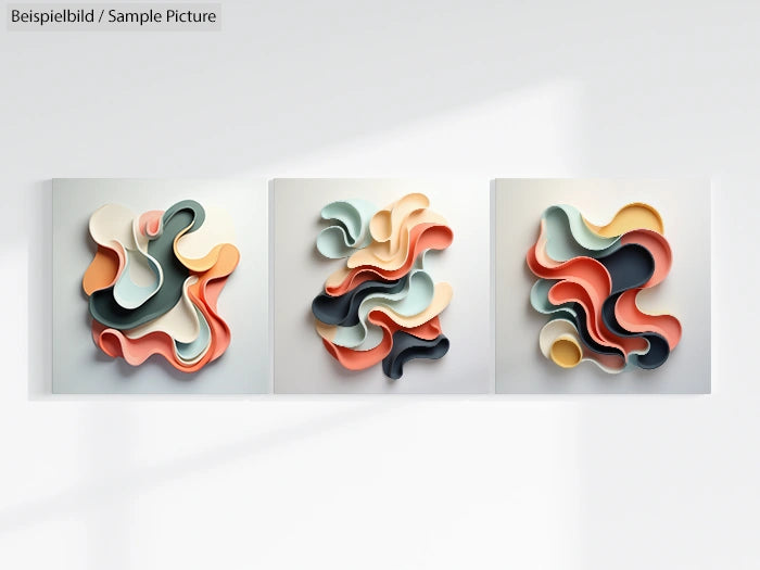 Abstract wall art with colorful, undulating shapes in pink, blue, and cream hues displayed on a light background.