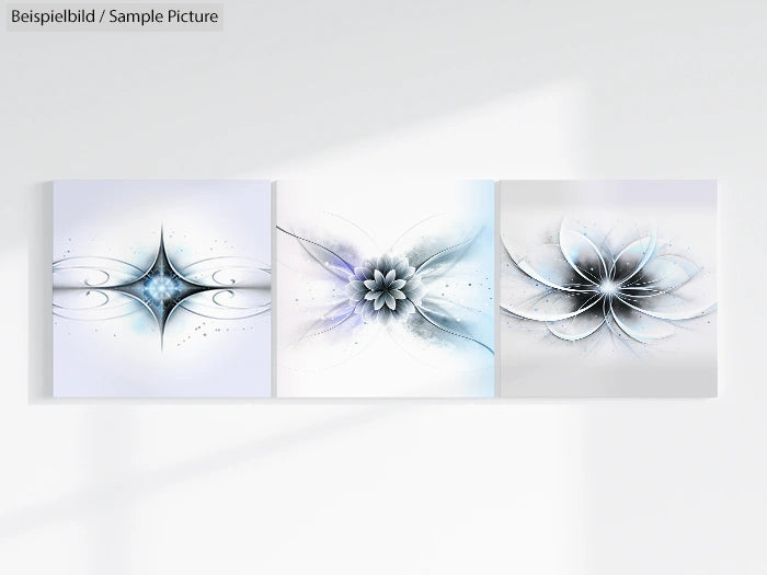 Abstract art triptych with blue, white, and grey floral and star patterns in a minimalist style.