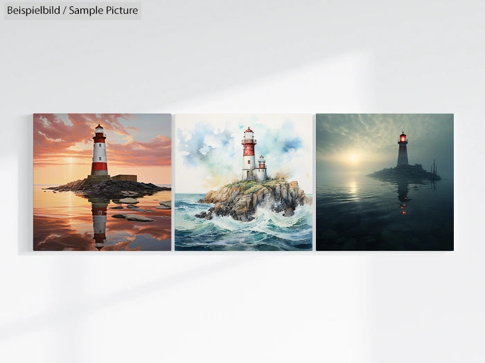 Three paintings of lighthouses on rocky islands at sunset, daytime, and misty dusk.