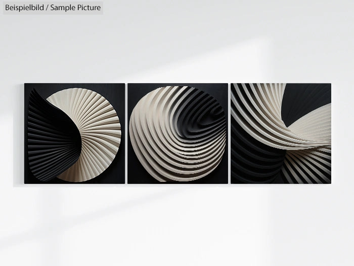 Triptych abstract art with layered black and white circular and curved forms on a monochrome background.