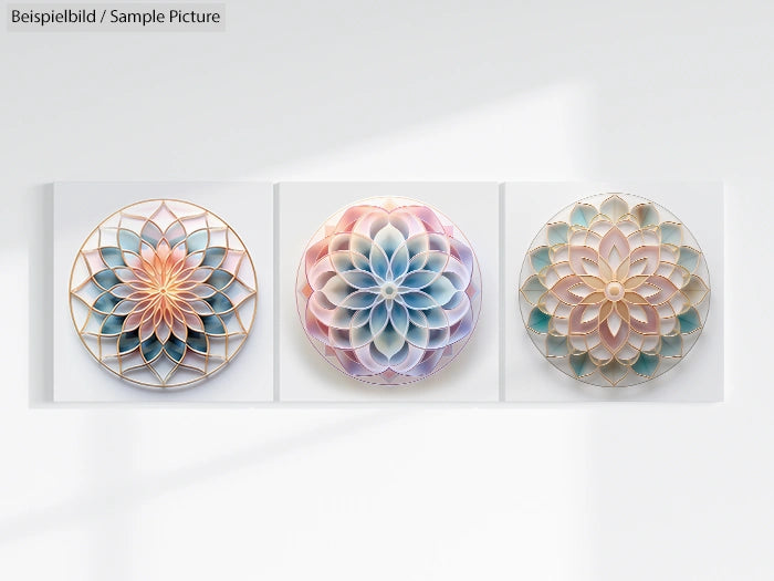 Three decorative mandalas with intricate patterns in pastel colors displayed on a white wall.