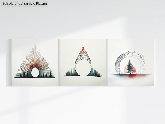 Minimalist art prints featuring geometric shapes with abstract tree landscapes on a white background.