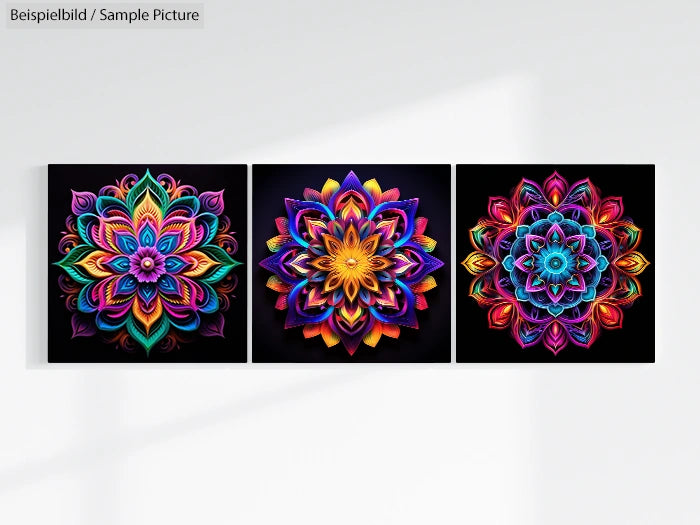 Three vibrant mandala art pieces in a row, each featuring colorful geometric patterns on a black background.