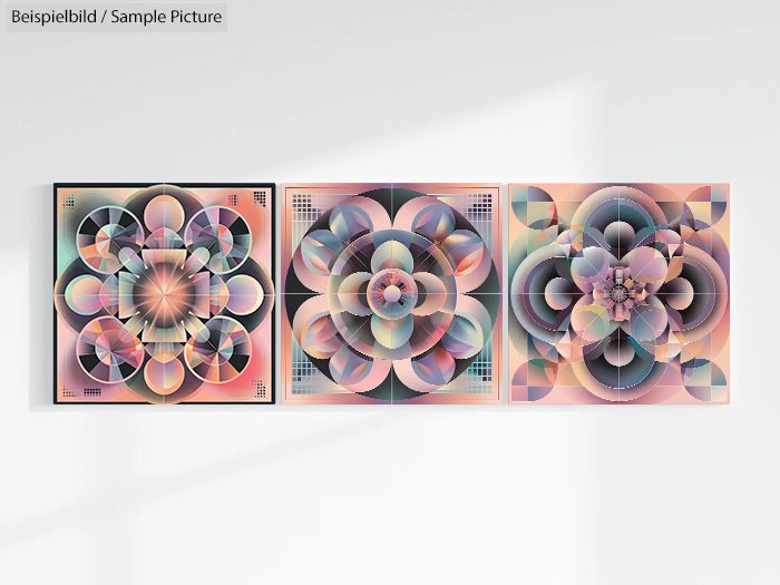 Three abstract geometric art pieces with colorful overlapping circles and floral patterns on a white wall.