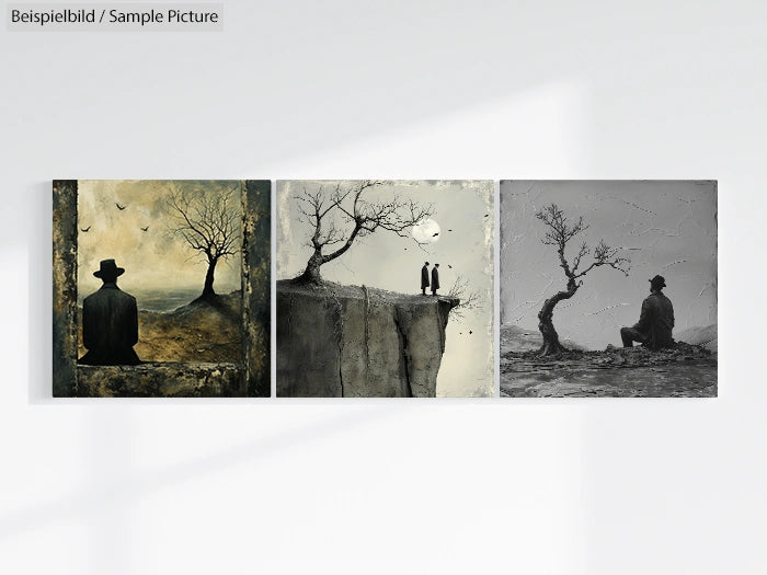 Three surreal paintings of lone figures and trees in moody landscapes, each with a unique emotional atmosphere.