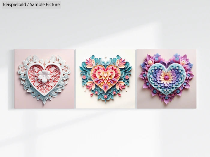 Three paper-cut heart designs in pastel colors, each decorated with intricate floral patterns, displayed on a white wall.