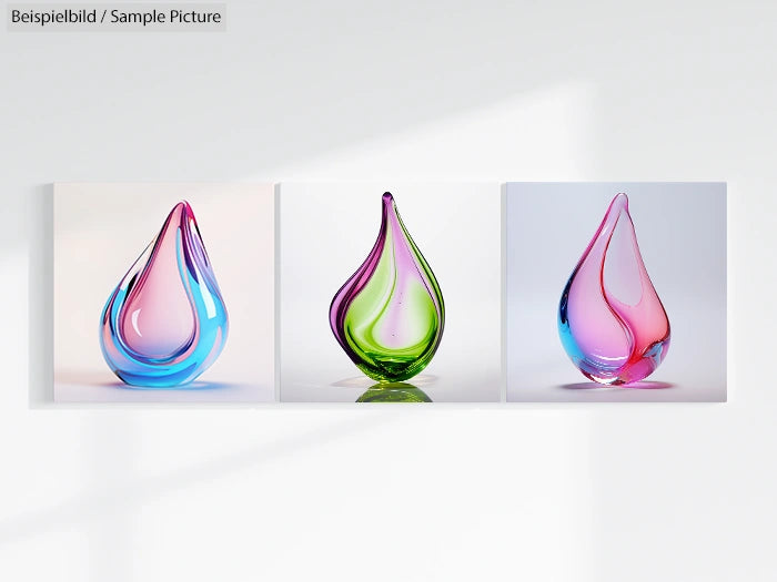 Set of three colorful, abstract glass sculptures in pink, green, and blue hues against a white background.