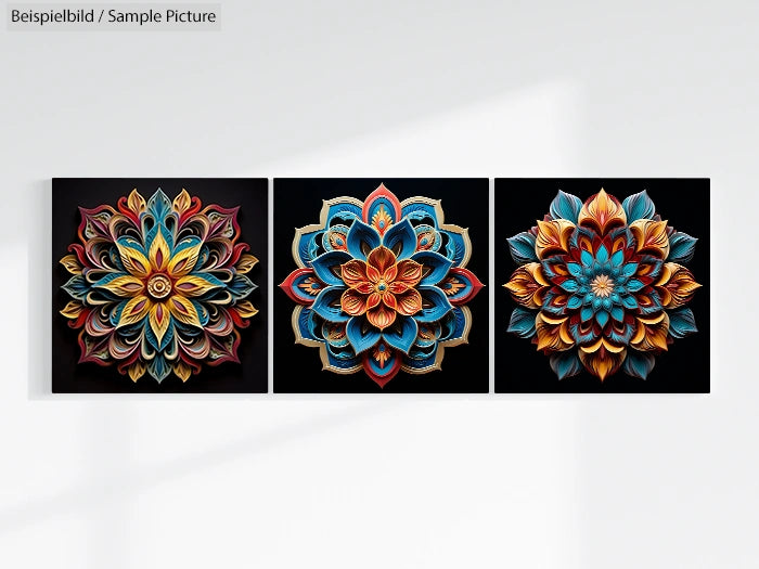 Three mandala artworks on a gallery wall, featuring intricate floral designs in vibrant colors on a dark background.