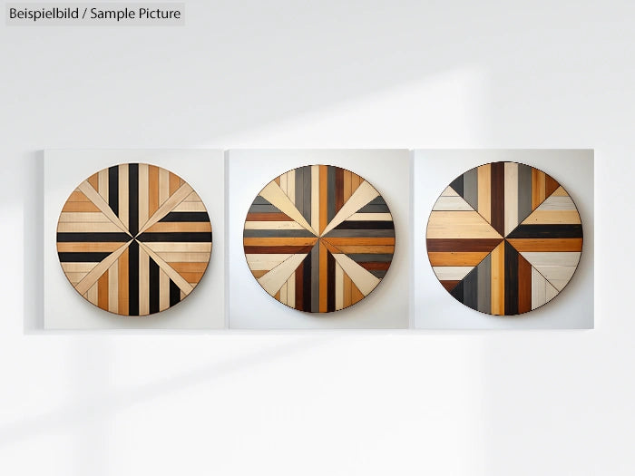 Three circular abstract wooden art pieces with geometric patterns on a white background.