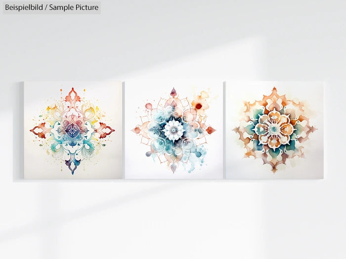 Three abstract mandala paintings with intricate floral patterns in shades of blue, orange, and beige on a white wall.