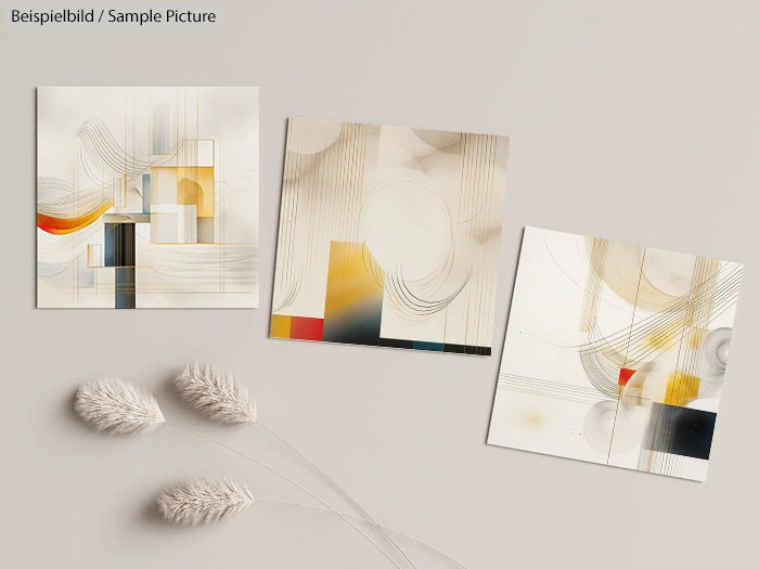 Three abstract art paintings with geometric shapes and soft colors; dried grass stems nearby on a light surface.