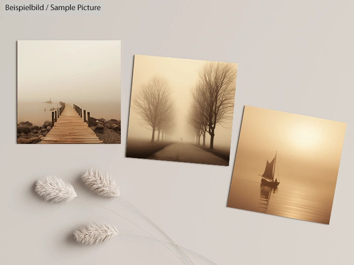 Three serene sepia-toned photos: a dock, a tree-lined path, and a sailboat, with decorative white feathers.