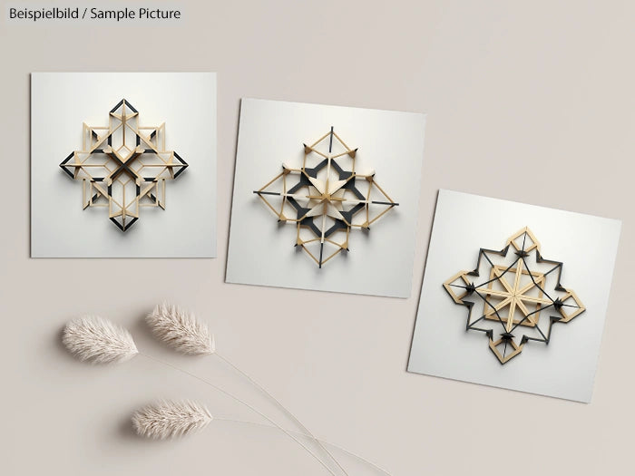 Three geometric 3D art pieces with star patterns on a beige background, alongside decorative dried wheat stalks.