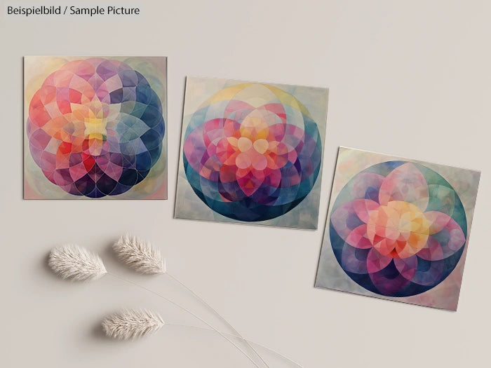 Three geometric abstract artworks with overlapping colorful circles, displayed on a neutral background with decorative grass.