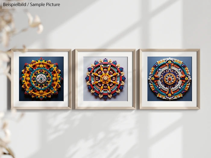 Framed vibrant mandala artworks on wall, featuring intricate patterns in orange, blue, and multicolored designs.