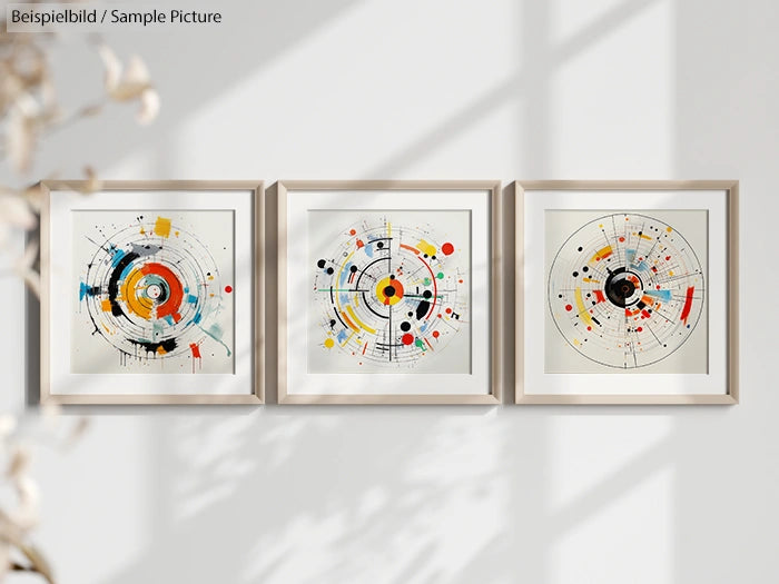 Triptych of abstract paintings with circular designs and colorful geometric shapes in a modern room setting.