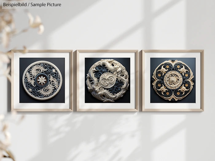 Three framed artworks featuring intricate, circular designs with floral motifs, mounted on a sunlit wall.