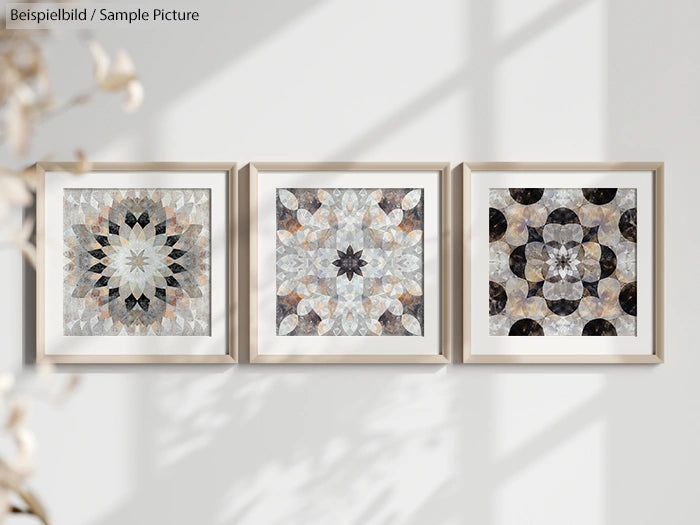 Three framed geometric mandala art pieces on a wall, casting soft shadows.