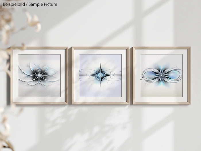 Three abstract geometric artworks in white frames hung on a sunlit wall, showcasing modern designs in blue and white hues.