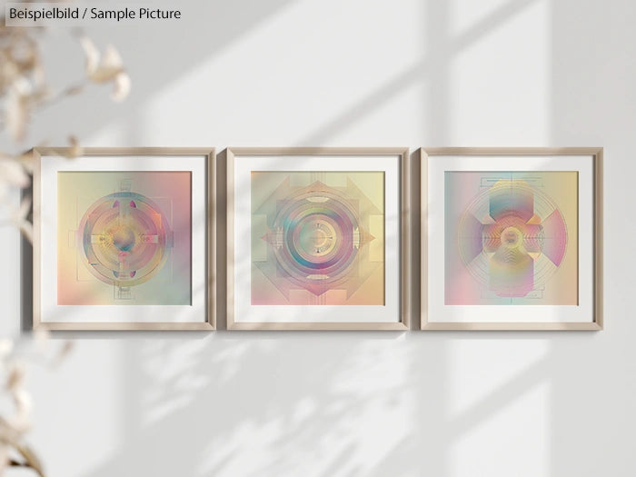 Three framed abstract art pieces with pastel geometric patterns on a white wall.