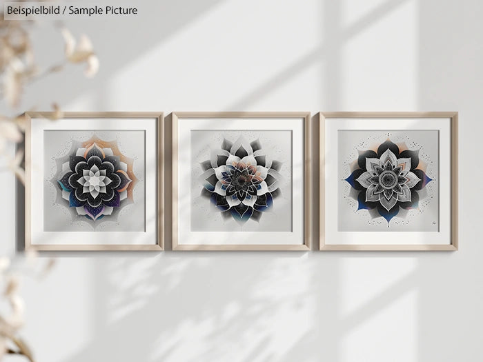 Set of three framed abstract geometric flower artworks on a wall with natural lighting.