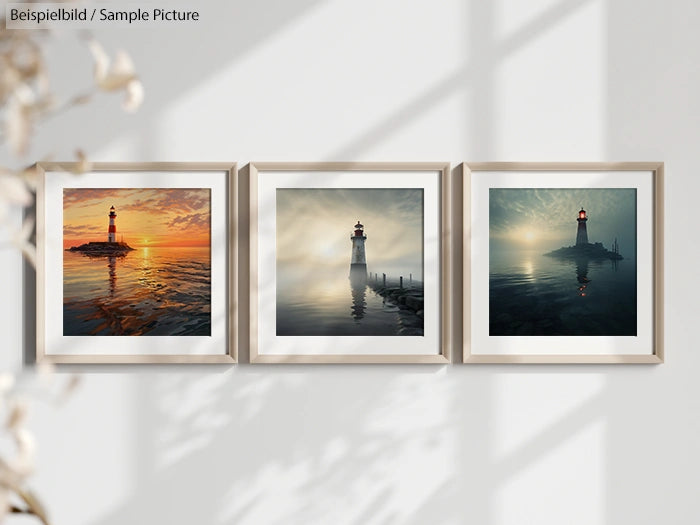 Three framed photos of lighthouses at different times of day, displayed on a wall with soft natural lighting.