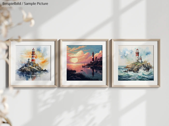 Three framed watercolor paintings of lighthouses on various landscapes, with vibrant skies, on a white wall.