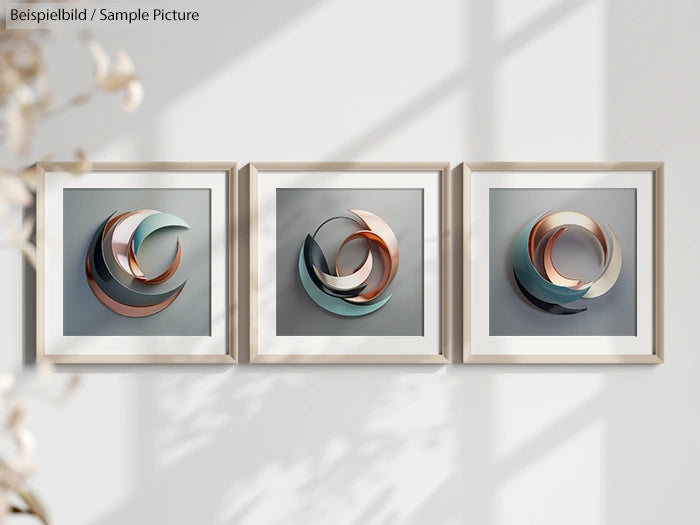 Three framed abstract artworks with geometric shapes in muted tones, displayed on a light-colored wall.