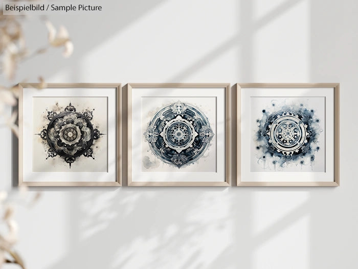 Three framed mandala artworks with intricate patterns on a light-colored wall.