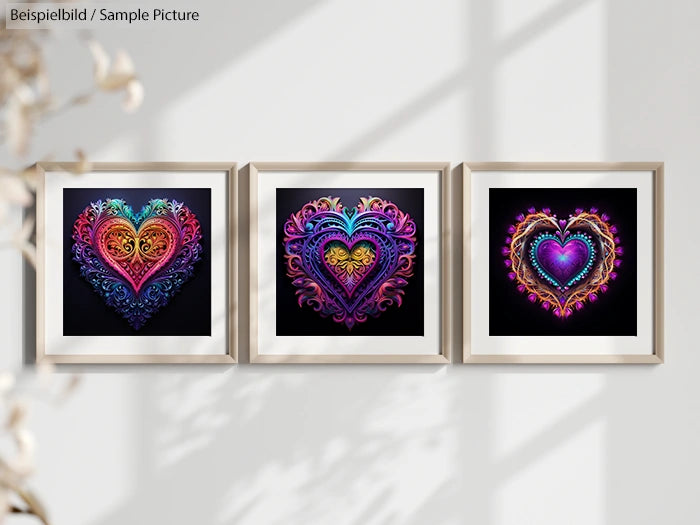 Three framed heart artworks with intricate multicolored designs hanging against a light-colored wall.