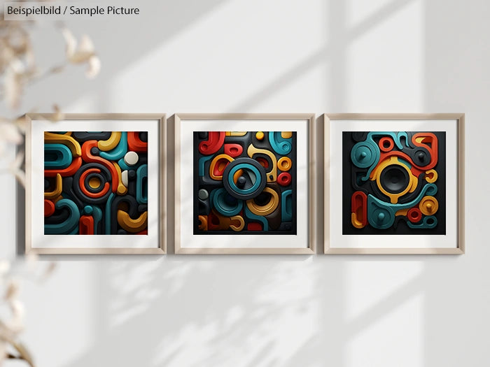 Three framed abstract geometric artworks with colorful shapes on a wall.