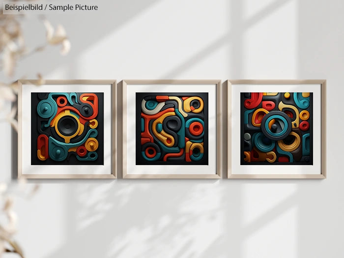 Three abstract artworks with vibrant, geometric designs in frames hanging on a white wall.