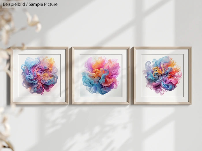 Three framed abstract paintings with colorful swirls in blue, pink, and yellow tones on a wall.