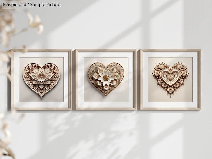 Three framed heart-shaped artworks with intricate floral designs in beige tones on a wall with shadow patterns.