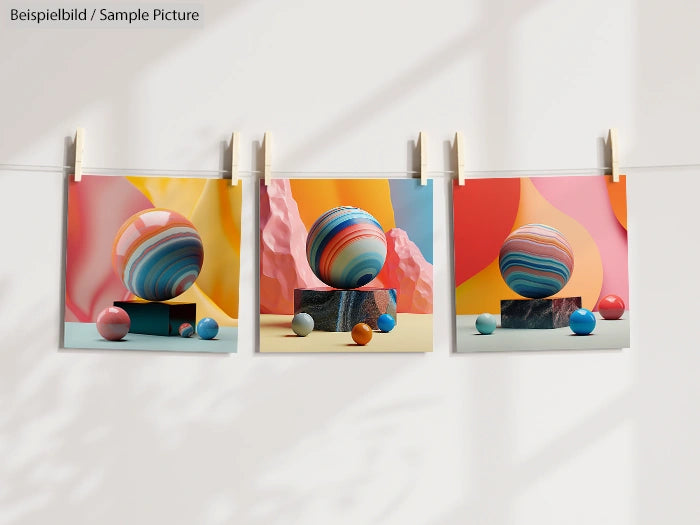 Three abstract geometric art prints with colorful spheres and vibrant backgrounds on a clothesline.