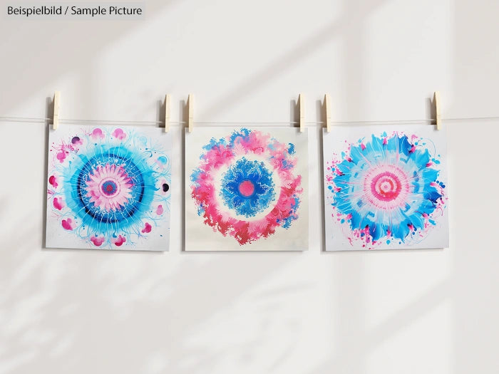 Three colorful mandala artworks on paper, hanging on a line with clothespins, featuring blue, pink, and white patterns.