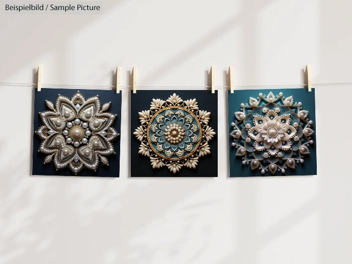 Three intricately designed mandalas with floral patterns hanging on a line in soft lighting.