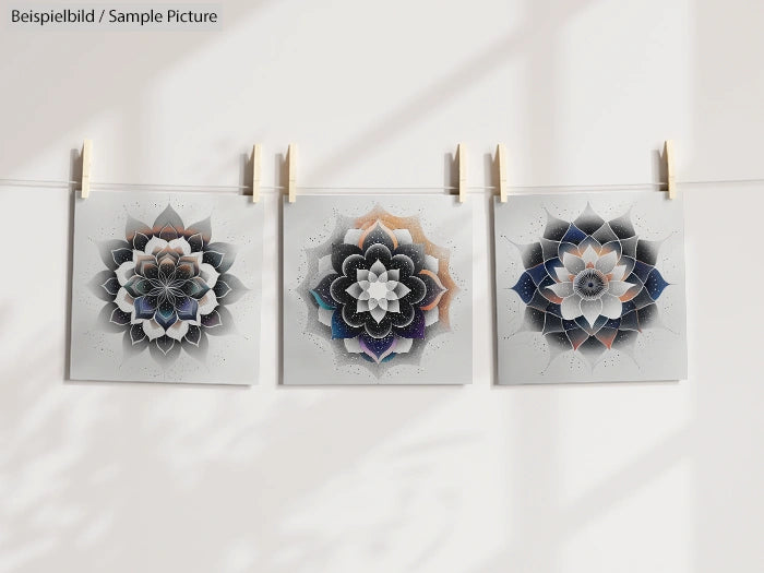 Art prints of geometric flower patterns hanging on a string with clothespins.