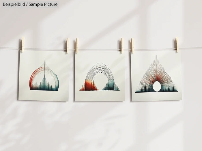 Three abstract art prints with geometric shapes hanging on a line, casting soft shadows on a white background.