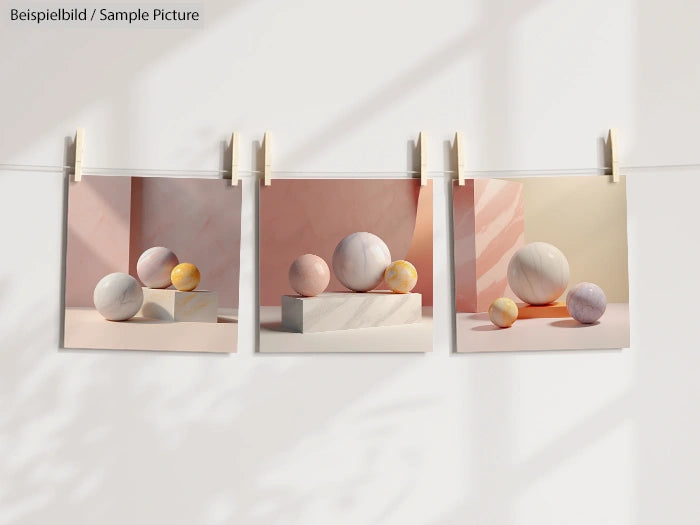 Three art prints of marble spheres on marble bases, hanging on a line with wooden clips, casting shadows on white wall.