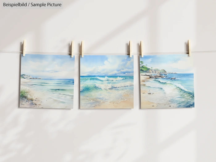 Three beach landscape paintings hanging on a line, showcasing waves, sand, and sky under wooden clothespins.