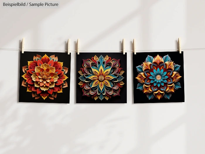 Three vibrant mandala prints hung on a clothesline, each featuring intricate floral designs in warm, earthy tones.