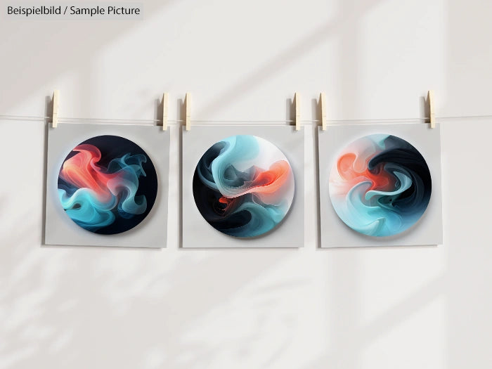 Three abstract art prints with swirling colors of blue, black, and red on a light background, hung on a clothesline.